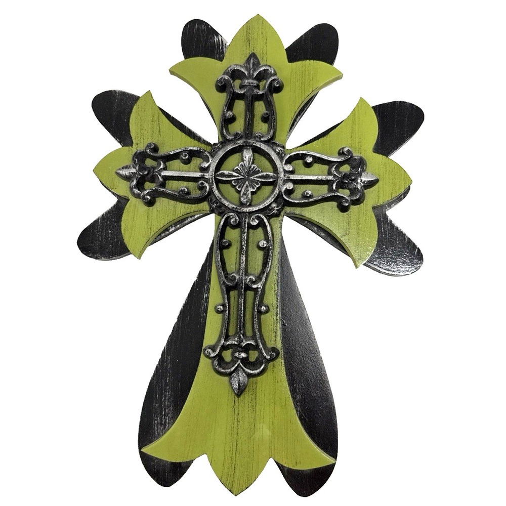 Rustic Wooden Cross with Metal Fleur De Lis Cross Overlay 16" Wall Decor - Picture 3 of 10